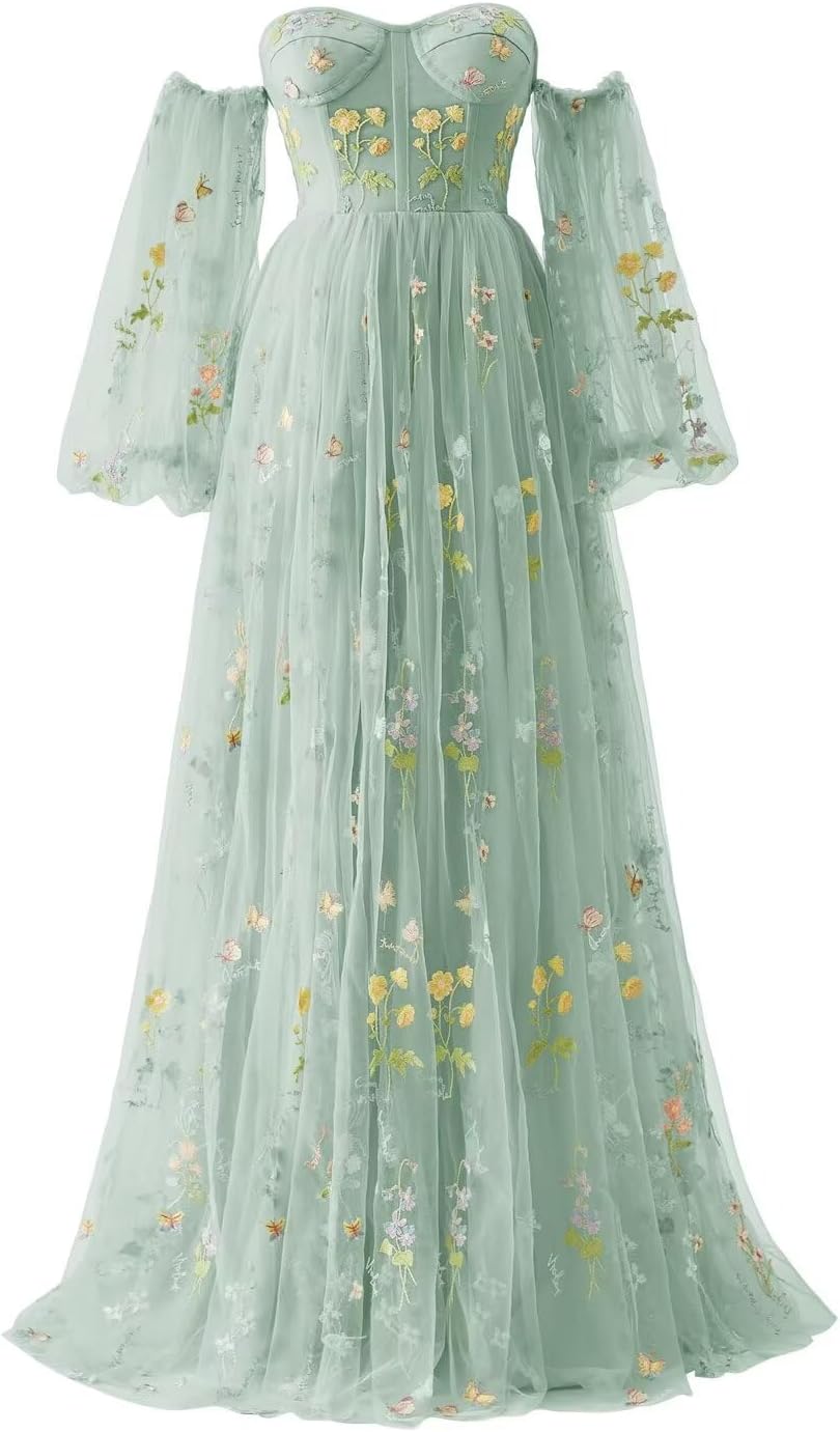 Vestidos de fiesta de tul con bordado de flores para mujer, 2024, largos, con hombros descubiertos, formales, para noche 