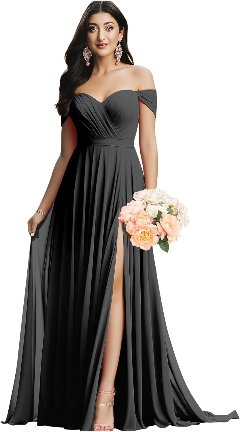 Schulterfreies Brautjungfernkleid für die Hochzeit, gerüschtes Chiffon-Split-Abendkleid mit Taschen 
