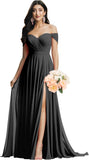 Schulterfreies Brautjungfernkleid für die Hochzeit, gerüschtes Chiffon-Split-Abendkleid mit Taschen 