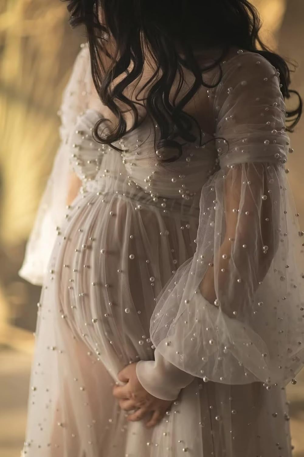 Kingbridal Pearl Tulle Maternity Dress for Photoshoot Long Puffy Sleeve Pregnancy Gown