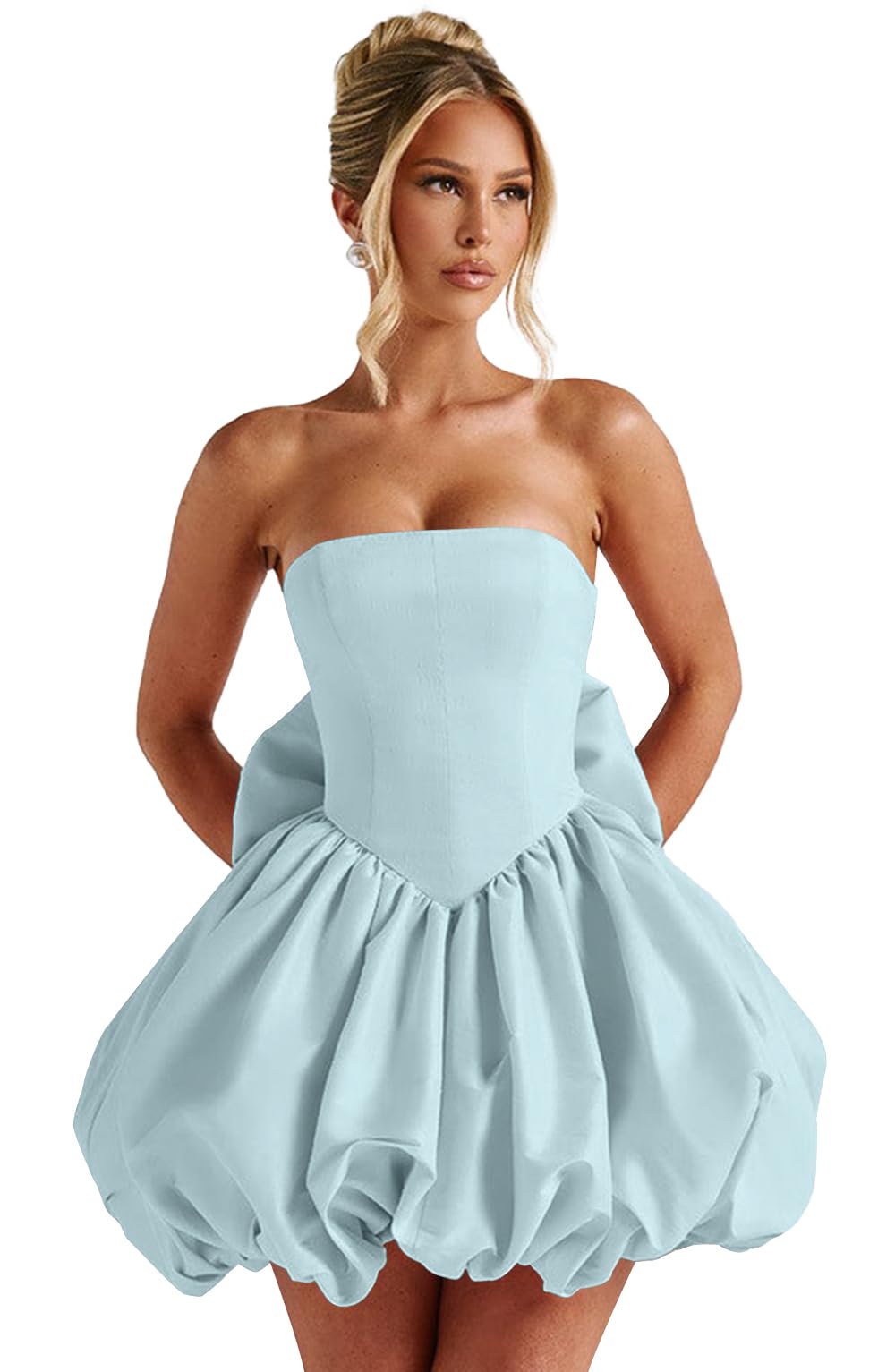 Satin Flower Bud Homecoming Dress Short Prom Dress with Bow Strapless A Line Mini Cocktail Party Gown