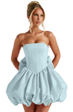 Satin Flower Bud Homecoming Dress Short Prom Dress with Bow Strapless A Line Mini Cocktail Party Gown