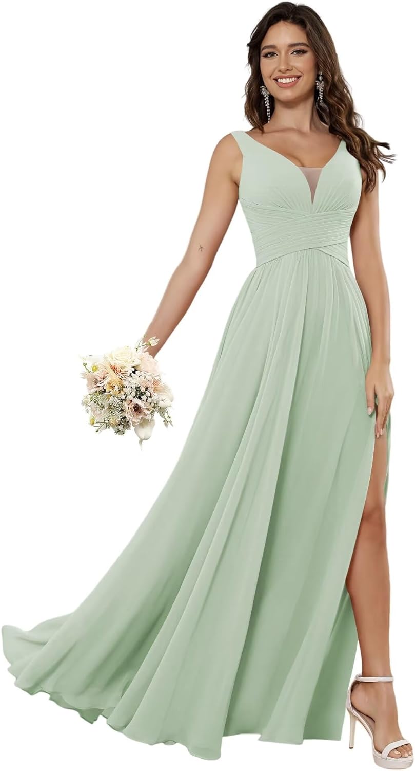 Vestidos de dama de honor sencillos de gasa para mujer con bolsillos, vestidos formales largos con escote en V y abertura 