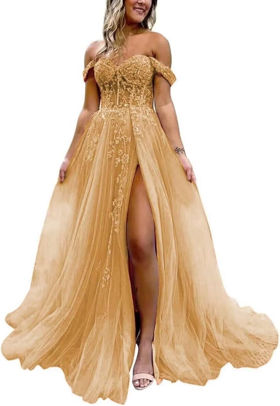 Off The Shoulder Tulle Prom Dress with Laces Applique A-line Slit Long Ball Gowns Glitter Formal Evening Dress