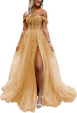 Off The Shoulder Tulle Prom Dress with Laces Applique A-line Slit Long Ball Gowns Glitter Formal Evening Dress