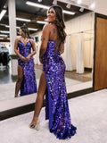 Spaghetti Straps Sequin Prom Dresses for Women Sparkly Long V Neck Mermaid Formal Evening Party Gowns with Slit