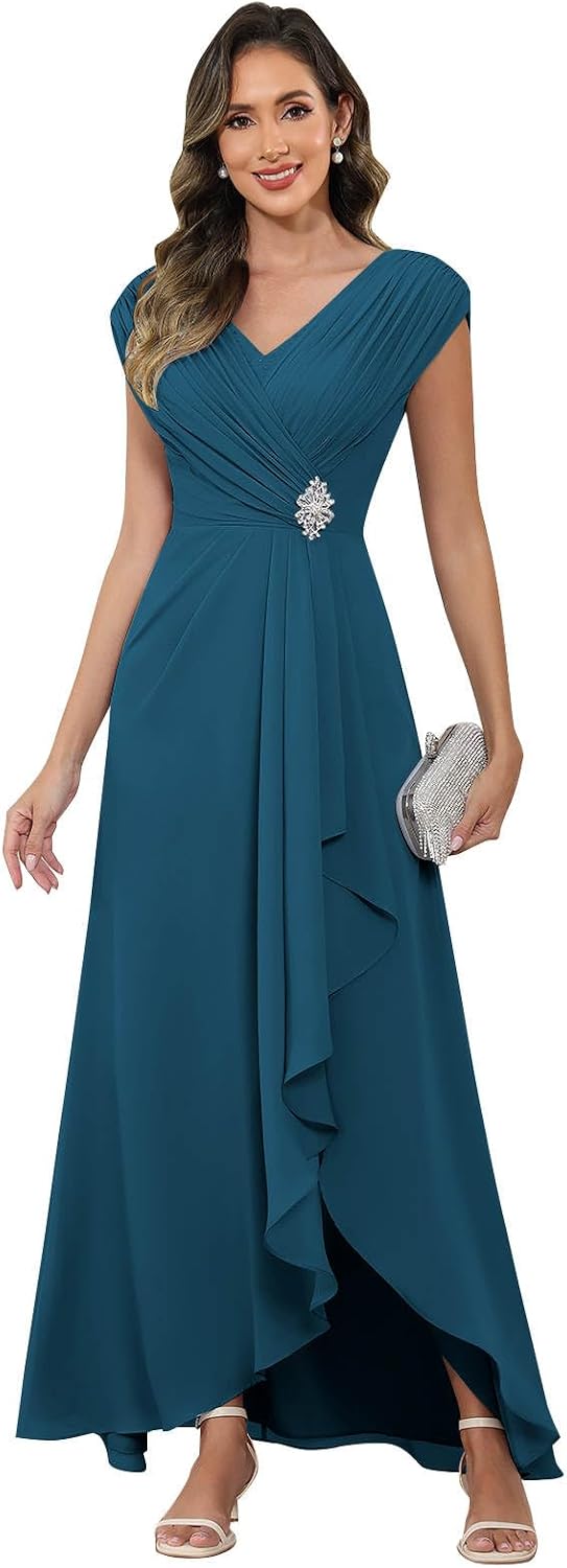 Cap Sleeve Mother of The Bride Dresses Chiffon V Neck Beaded Ruffles A Line Long Formal Evening Dress