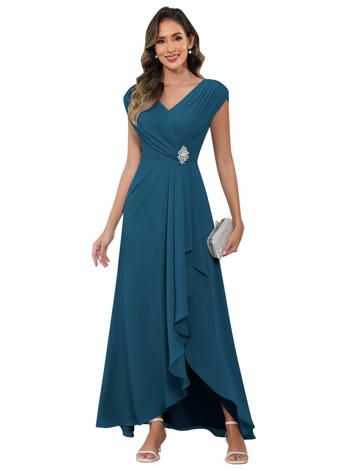 Cap Sleeve Mother of The Bride Dresses Chiffon V Neck Beaded Ruffles A Line Long Formal Evening Dress