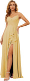 Vestidos de dama de honor largos de gasa con tirantes finos y bolsillos, vestidos formales con volantes y abertura para mujer 