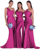 Women's One Shoulder Mermaid Bridesmaid Dresses Long Ruched Bodycon Satin Formal Prom Gowns