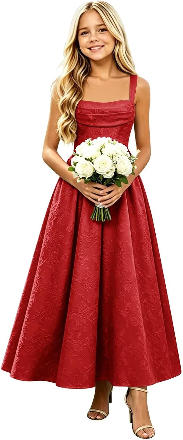 Girls Floral Satin Jacquard Junior Bridesmaid Dresses Long Ruched Flower Girl Dress for Wedding