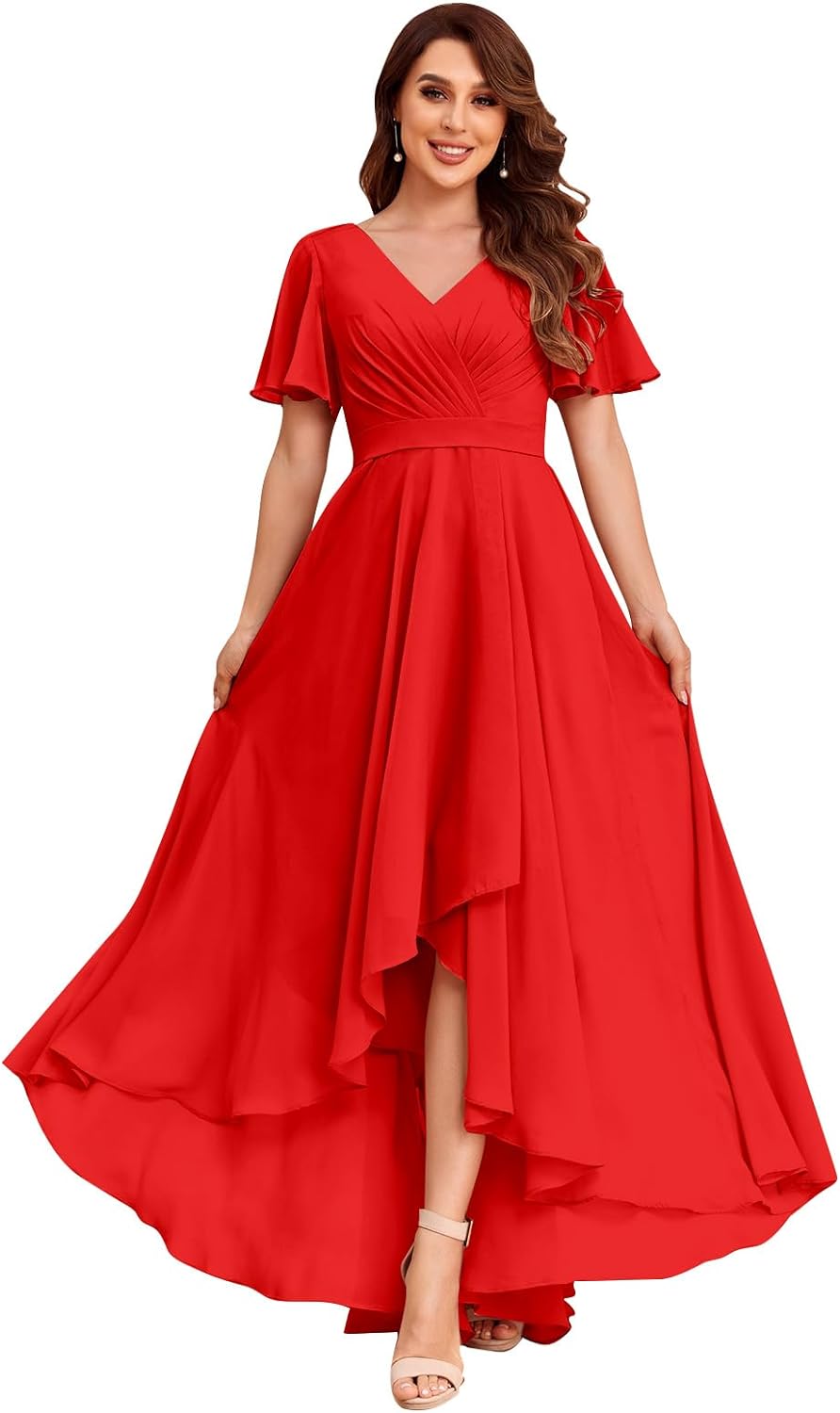 Women's Flutter Sleeve Bridesmaid Dresses with Pockets High Low Formal Dress