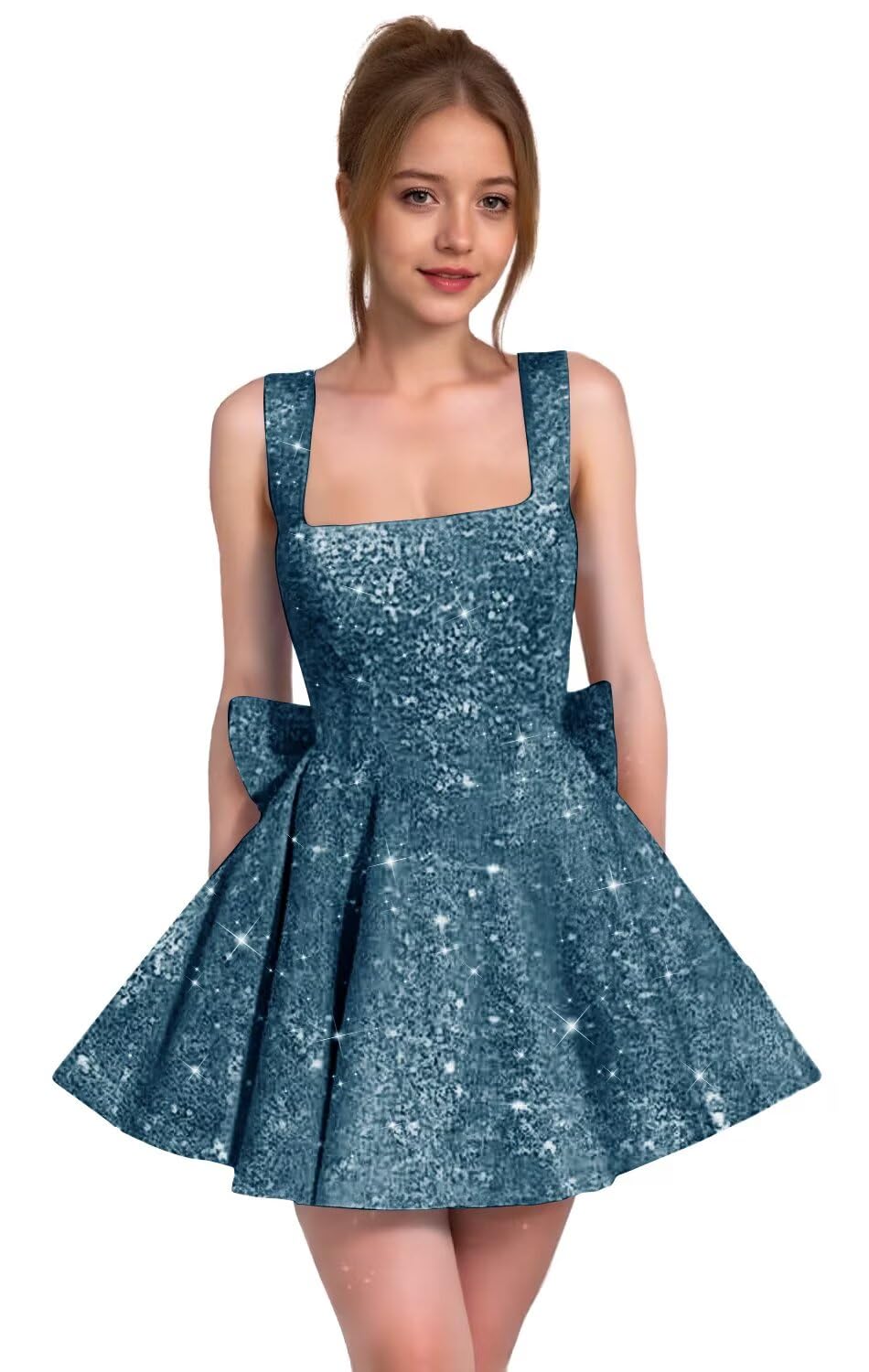 Sparkly Sequin Homecoming Dresses for Teens Short Prom Dress Square Neck Bow Formal Cocktail Gowns with Pockets