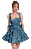 Sparkly Sequin Homecoming Dresses for Teens Short Prom Dress Square Neck Bow Formal Cocktail Gowns with Pockets