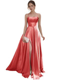 Women's Satin Prom Dresses with Slit Strapless A Line Corset Ball Gowns Spaghetti Straps Formal Evening Gowns with Pockets