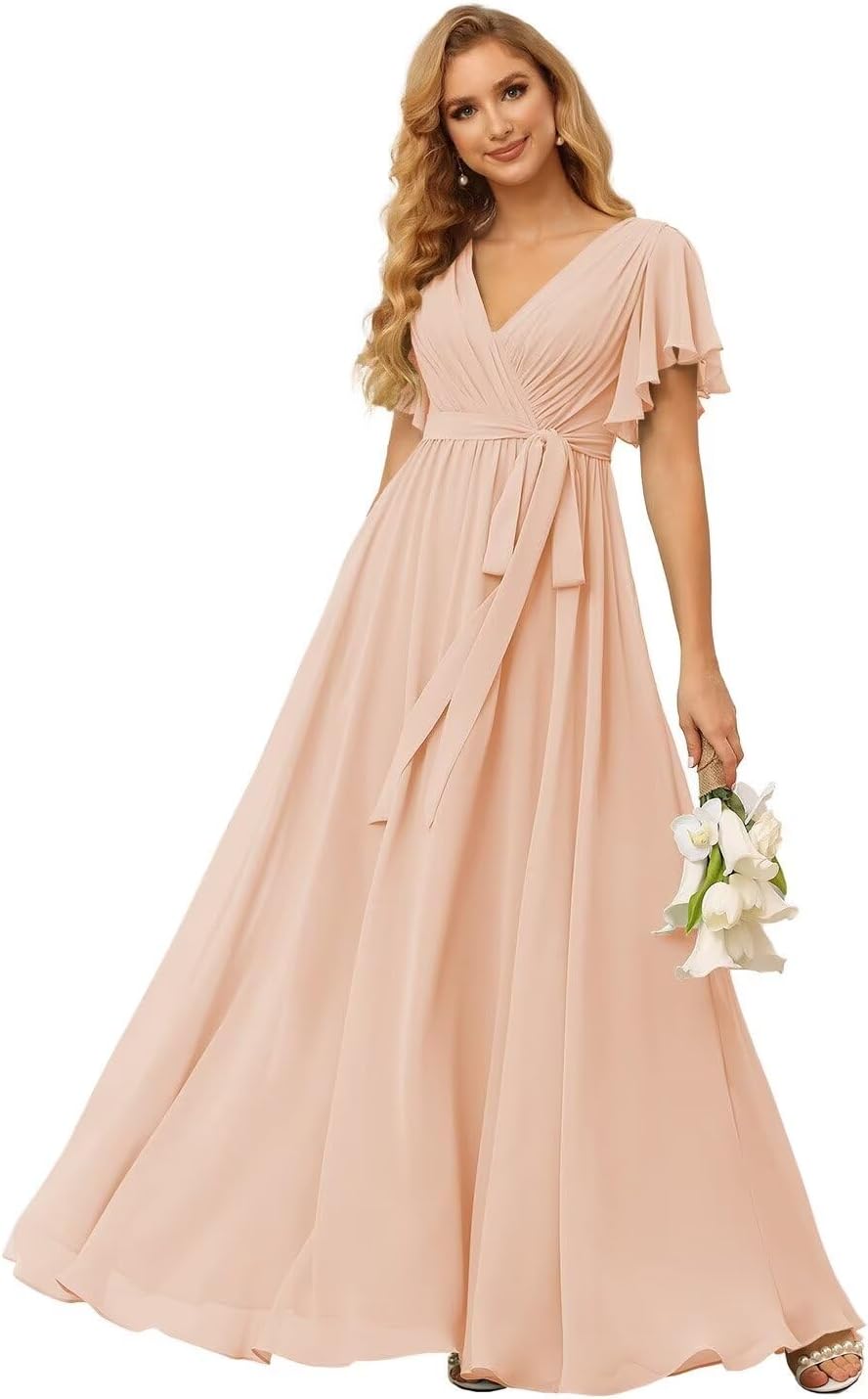 Damen Brautjungfernkleider mit Flatterärmeln, lang, mit Taschen, V-Ausschnitt, Chiffon, formelle Kleider 