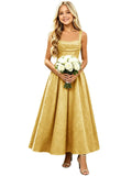 Floral Satin Jacquard Junior Bridesmaid Dresses Long Ruched Flower Girl Dress for Wedding
