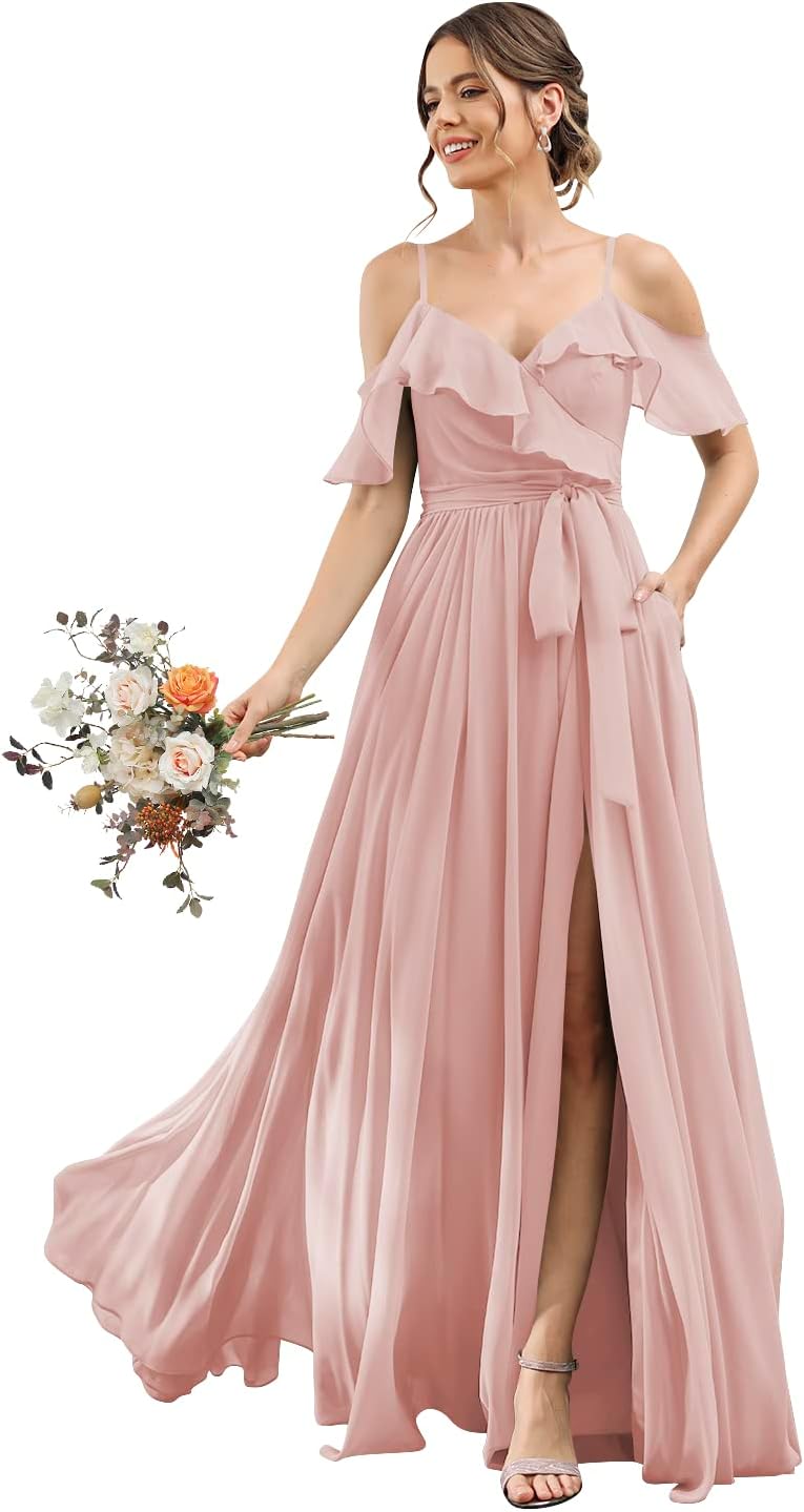 Women's Bridesmaid Dresses with Slit Long Cold Shoulder Chiffon Formal Party Dress with Pockets