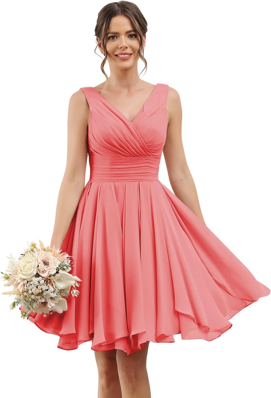 Double V Neck Short Bridesmaid Dresses for Women 2025 Chiffon A Line Formal Evening Gowns with Pockets