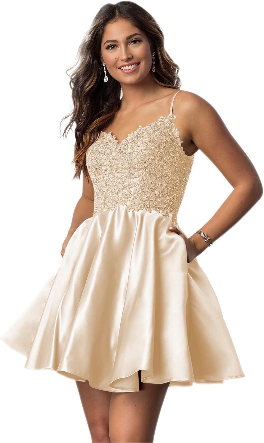 Vestidos cortos de fiesta con tirantes finos para jóvenes, con encaje, escote en V y bolsillos.