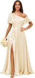 Short Sleeve Satin Bridesmaid Dresses for Women Ruffle One Shoulder Formal Evening Gowns with Slit