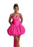 Puffy Satin Homecoming Dresses Mini A-line Short Prom Dress with Bow Cocktail Party Gown