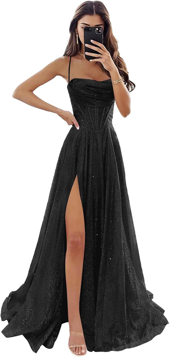 Women's Spaghetti Straps Glitter Tulle Prom Dress with Slit Cowl Neck Long Evening Formal Party Gown