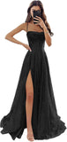Women's Spaghetti Straps Glitter Tulle Prom Dress with Slit Cowl Neck Long Evening Formal Party Gown