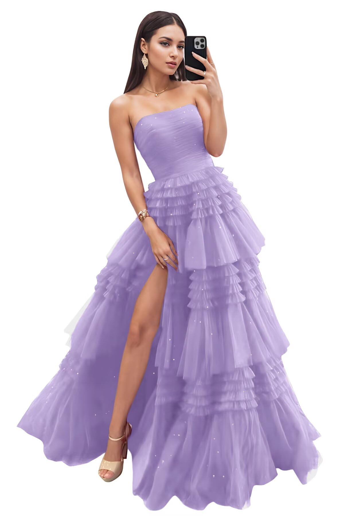 Strapless Tiered Tulle Prom Dresses for Women 2027 Long Sparkly A-Line Formal Evening Party Ball Gowns with Slit
