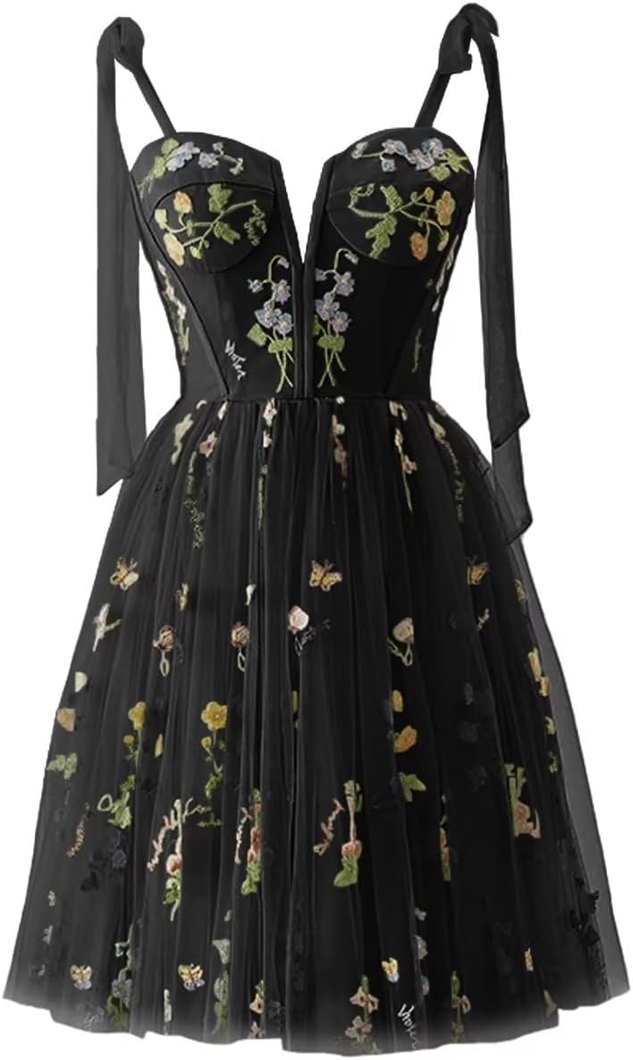 Vestidos de fiesta para mujer, con tirantes finos, cortos, bordados de flores, tul, vestidos formales 