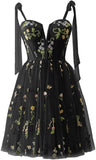 Vestidos de fiesta para mujer, con tirantes finos, cortos, bordados de flores, tul, vestidos formales 