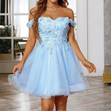 Sparkly Tulle Homecoming Dresses for Teens 2027 3D Flowers Cocktail Gowns Off Shoulder Short Prom Dresses