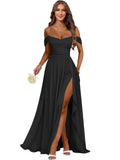 Women's Long Chiffon Bridesmaid Dresses with Slit Off Shoulder A-Line Formal Prom Evening Gown Maxi Wedding Guest Dress