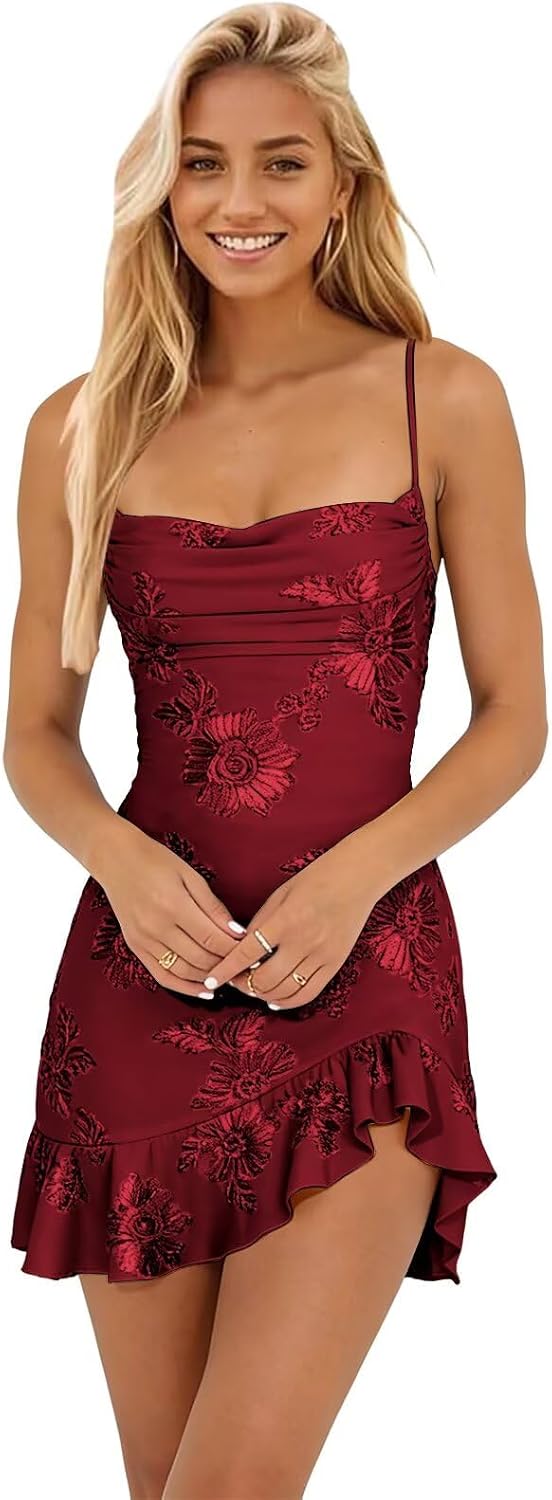 Floral Homecoming Dresses for Teens 2026 Spaghetti Straps Ruffle Pleated Short Cocktail Evening Dress
