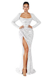 Mermaid Sequin Prom Dresses for Women 2026 Long Sleeve Ruched Formal Dress with Slit Sparkly Evening Party Gowns