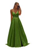 Women's Spaghetti Straps Prom Dresses Long V-Neck Sparkling Bridesmaid Dresses Formal Evening Gowns with High Slit