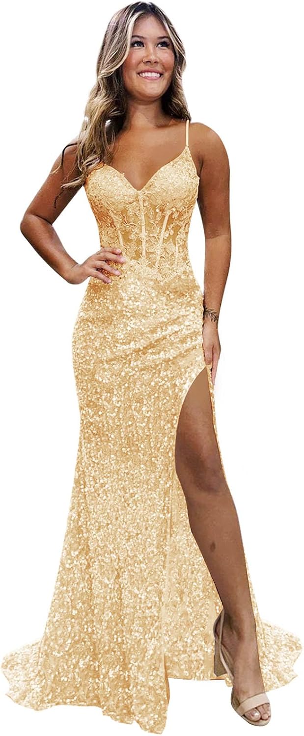 Sparkly Sequin Prom Dresses for Teens 2026 V Neck Glitter Applique Mermaid Formal Evening Gown with Slit
