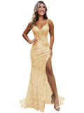 Sparkly Sequin Prom Dresses for Teens 2026 V Neck Glitter Applique Mermaid Formal Evening Gown with Slit