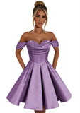 Women's Off Shoulder Satin Sweetheart Prom Homecoming Dresses Sequin Short A Line Evening Party Gowns