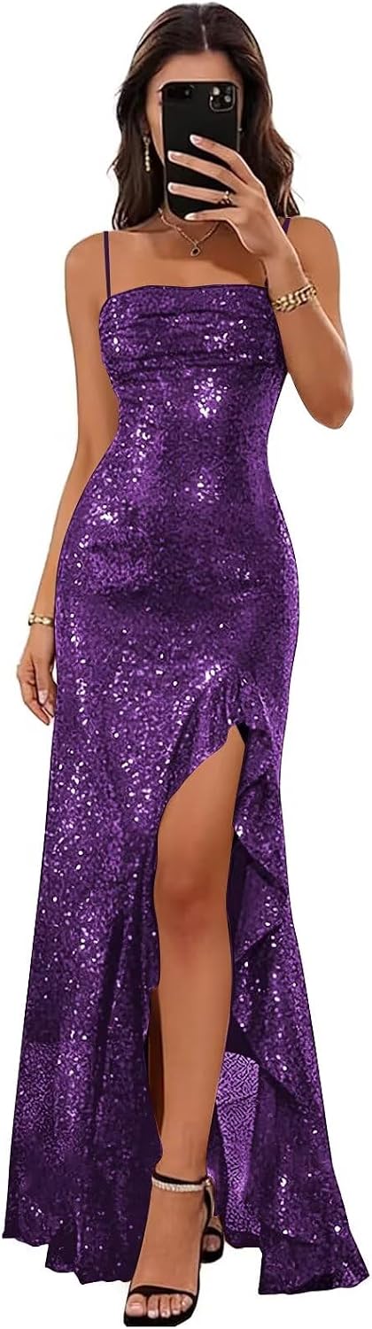 Sparkly Sequin Spaghetti Straps Prom Dresses 2026 Long Ruffles Pleated Formal Evening Dress with Slit