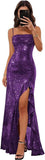Sparkly Sequin Spaghetti Straps Prom Dresses 2026 Long Ruffles Pleated Formal Evening Dress with Slit