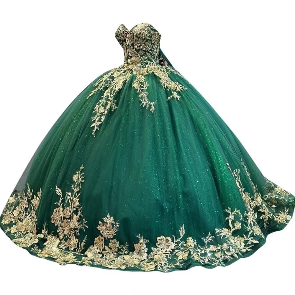 Sparkly Tulle Sweet 15 16 Quinceanera Dress Lace 3D Floral Ball Gown Strapless Puffy Prom Formal Gown