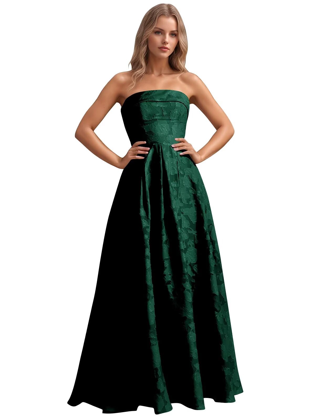 Jacquard Floral Prom Dresses Strapless Maxi Evening Gowns A-Line Ruched Formal Party Dress Elegant