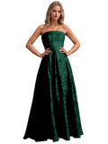 Jacquard Floral Prom Dresses Strapless Maxi Evening Gowns A-Line Ruched Formal Party Dress Elegant