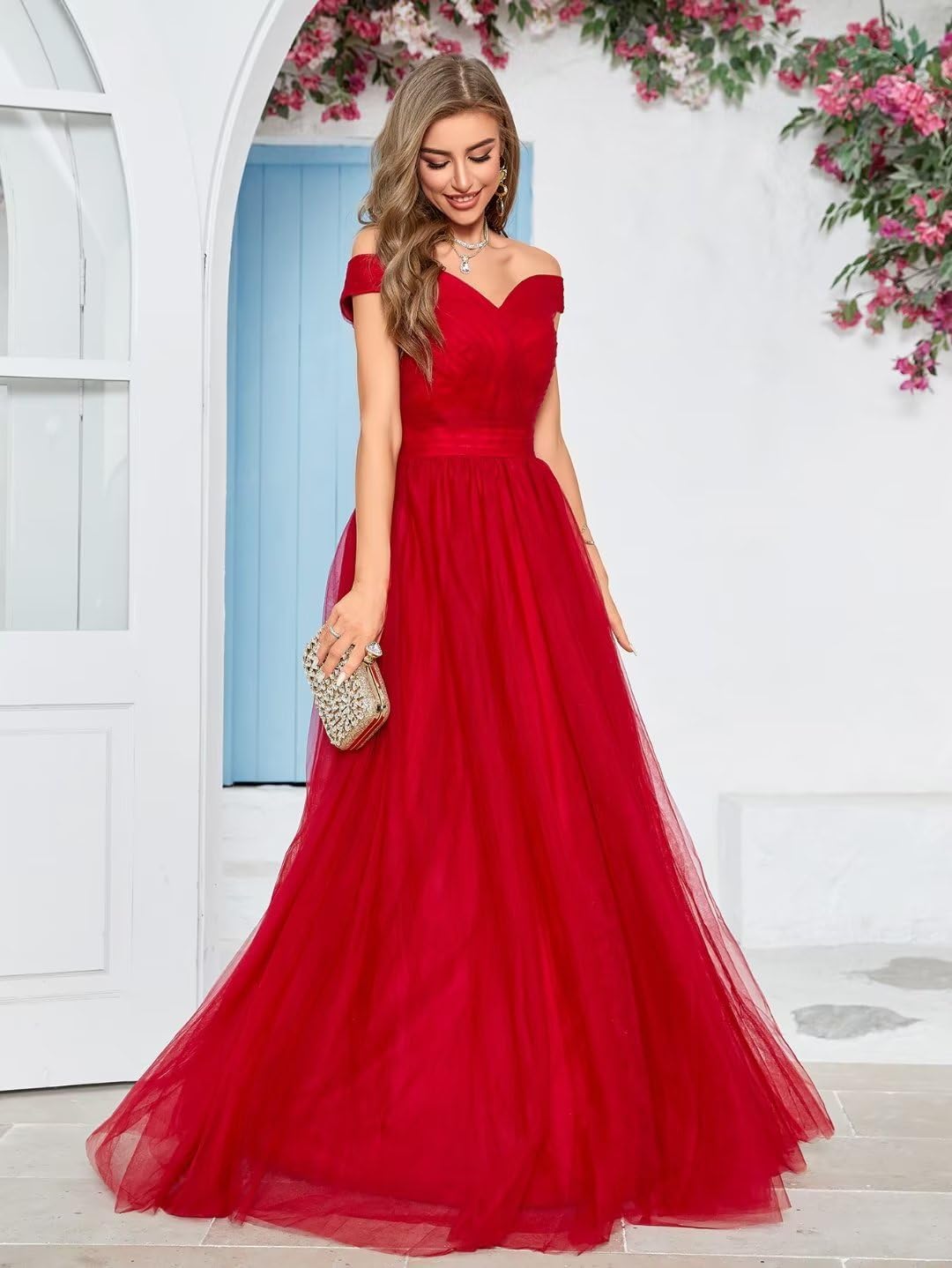 Schulterfreies Ballkleid, langes Ballkleid für Damen, A-Linie, Herzausschnitt, mehrlagiges Tüllkleid für Hochzeit, Abendparty 