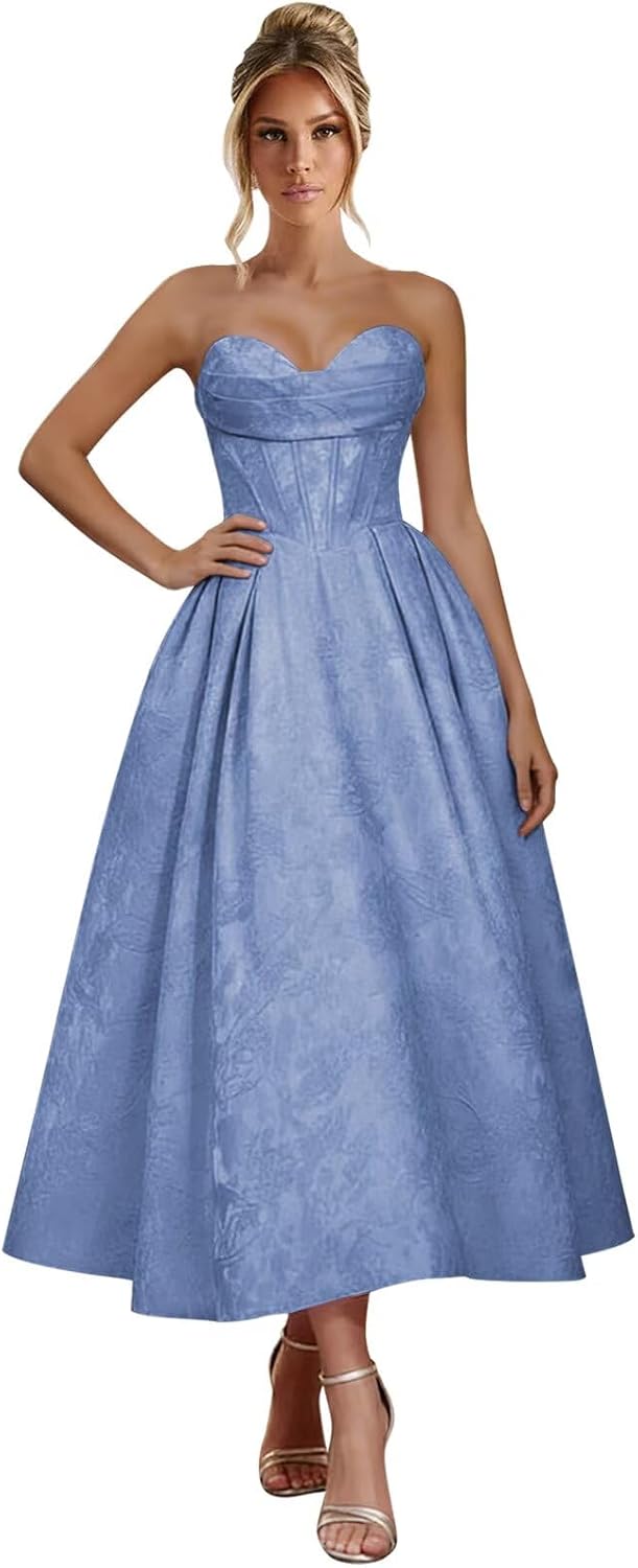 Jacquard Satin Prom Dresses for Women Strapless Tea Length Sweetheart Neck A-line Formal Party Dress with Pockets