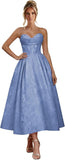 Jacquard Satin Prom Dresses for Women Strapless Tea Length Sweetheart Neck A-line Formal Party Dress with Pockets