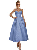 Jacquard Satin Prom Dresses for Women Strapless Tea Length Sweetheart Neck A-line Formal Party Dress with Pockets