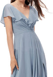 Vestidos de dama de honor largos con escote en V y volantes de gasa para mujer, vestidos de noche formales
