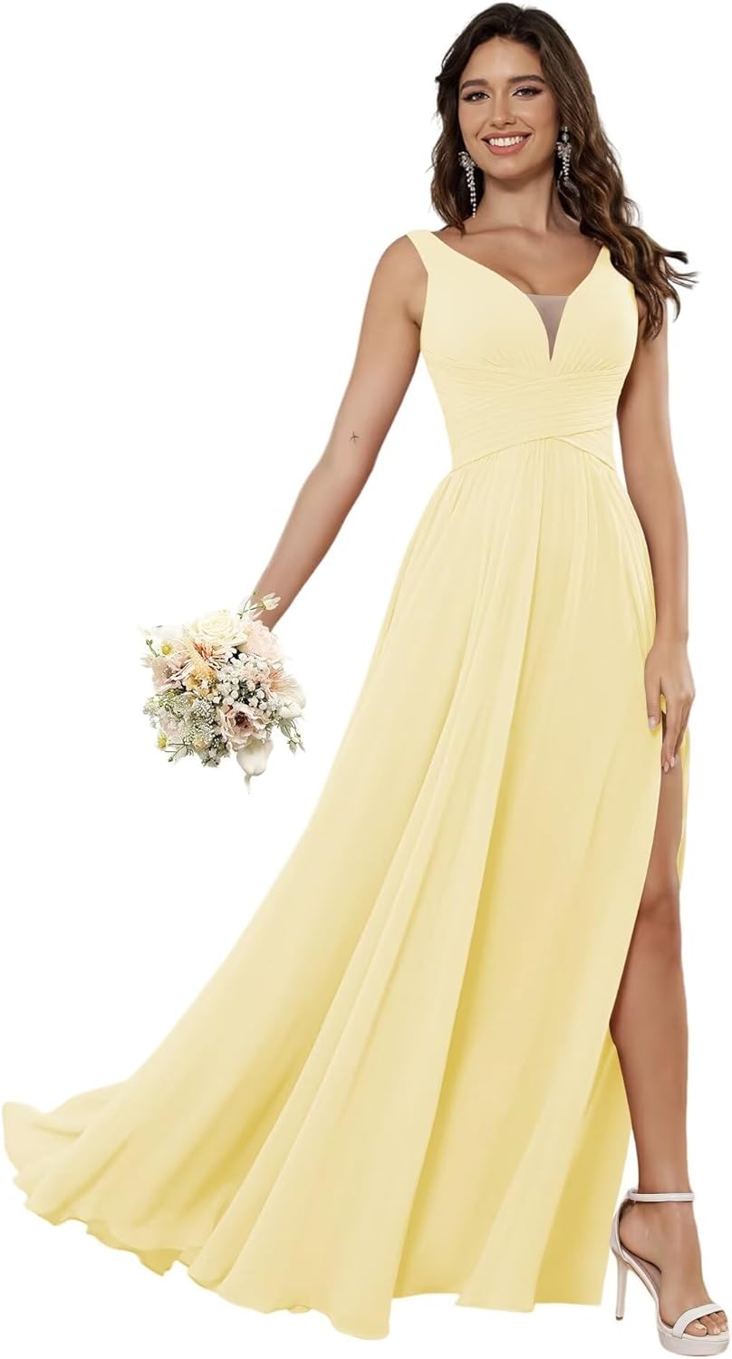 Vestidos de dama de honor sencillos de gasa para mujer con bolsillos, vestidos formales largos con escote en V y abertura 